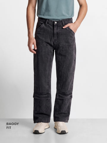 Men's Black Regular Fit Solid Utility Jeans