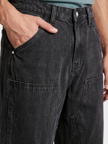 Men's Black Regular Fit Solid Utility Jeans
