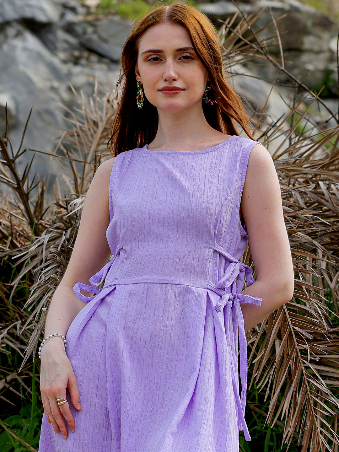 Shop Women's Purple Flare Textured Round Neck Midi Dress Online.