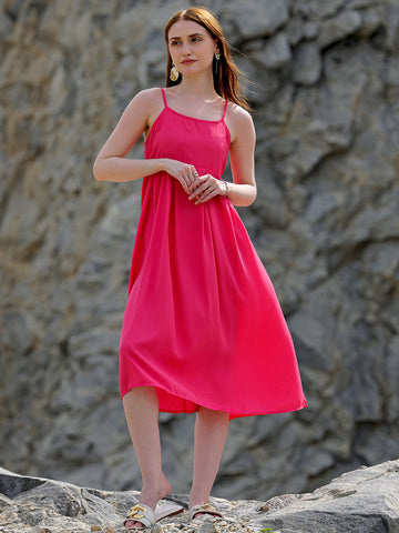 Shop Women's Pink Fit and Flare Solid Square Neck Pleated Dress Online.