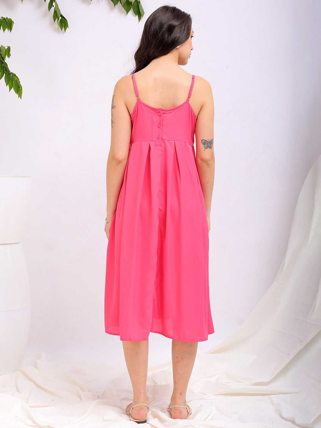 Shop Women's Pink Fit and Flare Solid Square Neck Pleated Dress Online.