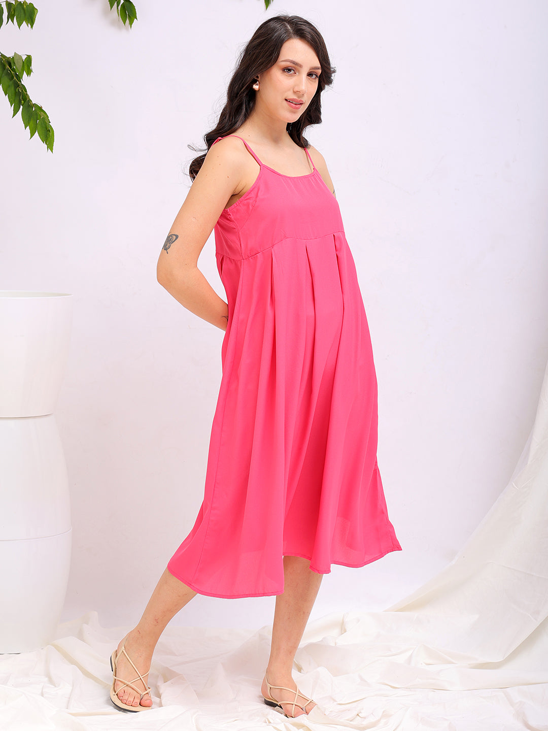 Shop Women's Pink Fit and Flare Solid Square Neck Pleated Dress Online.