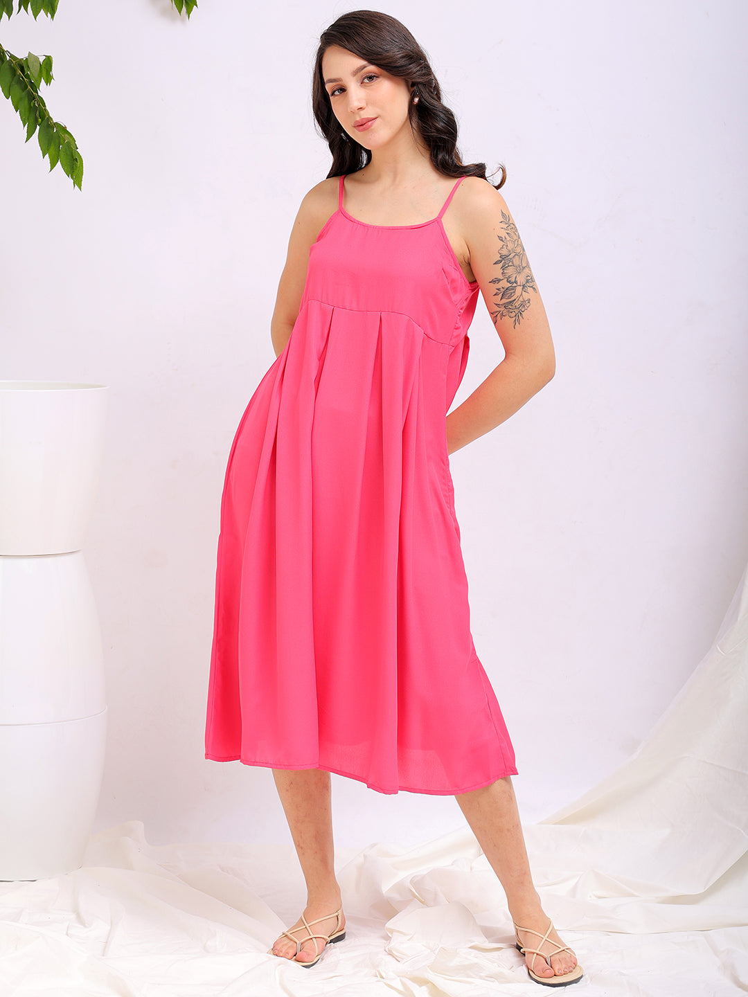 Shop Women's Pink Fit and Flare Solid Square Neck Pleated Dress Online.