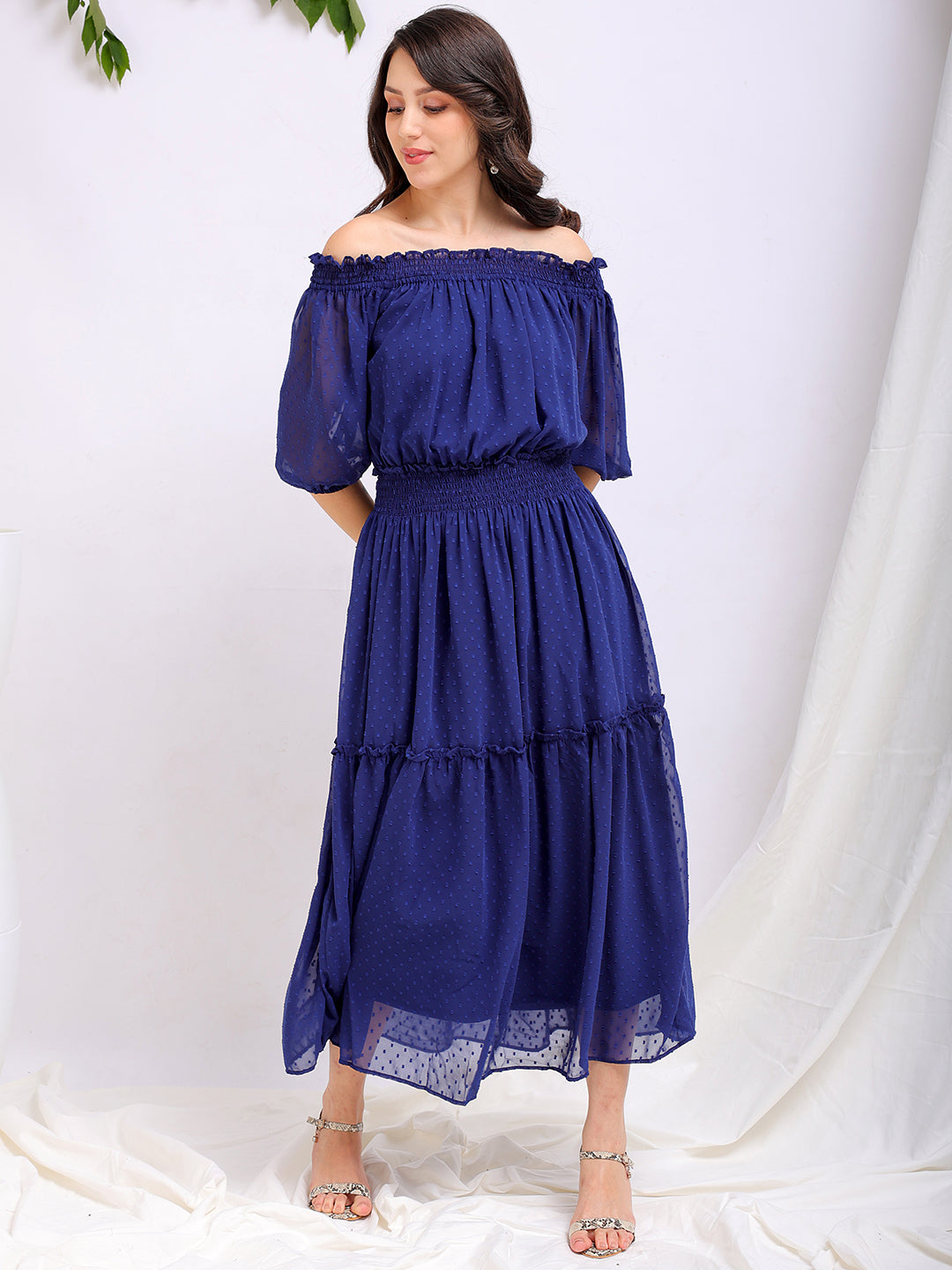 Shop Women's Textured Fit and Flare Offshoulder Tiered Dress Online.