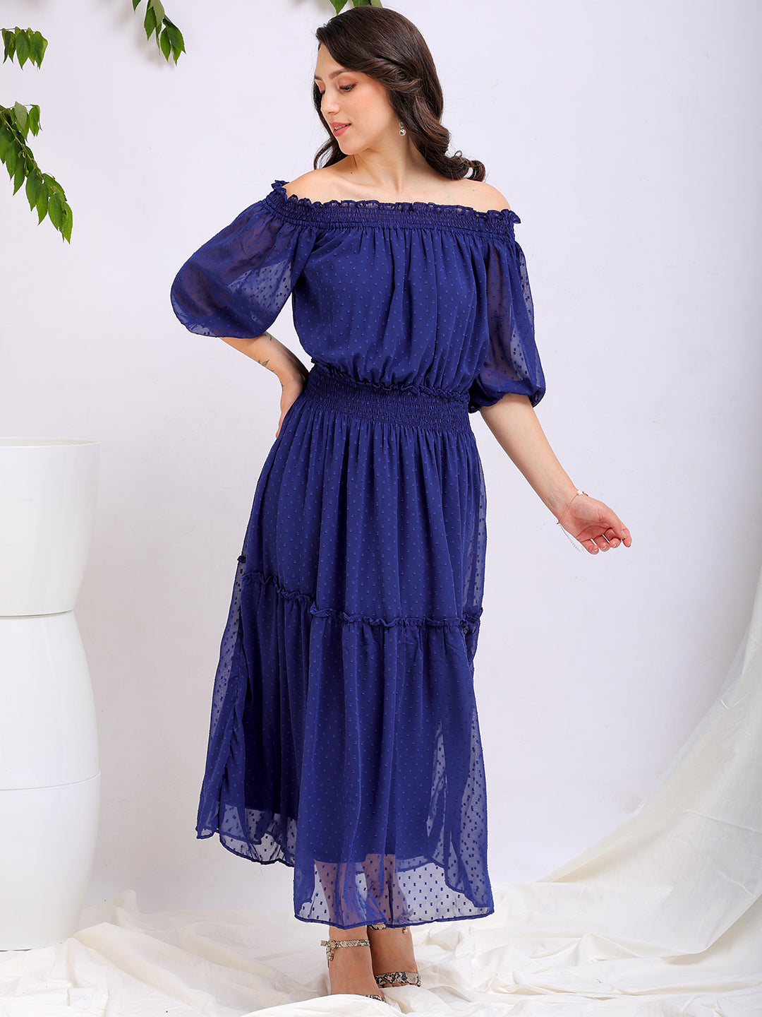 Shop Women's Textured Fit and Flare Offshoulder Tiered Dress Online.