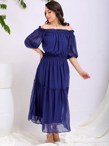 Shop Women's Textured Fit and Flare Offshoulder Tiered Dress Online.