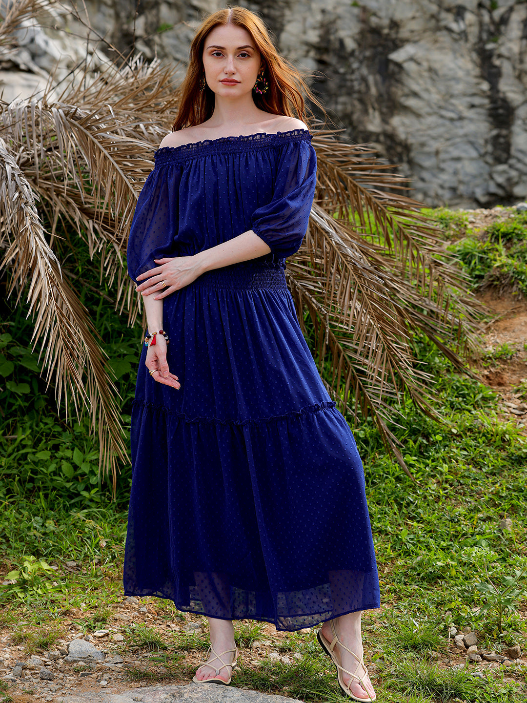 Shop Women's Textured Fit and Flare Offshoulder Tiered Dress Online.