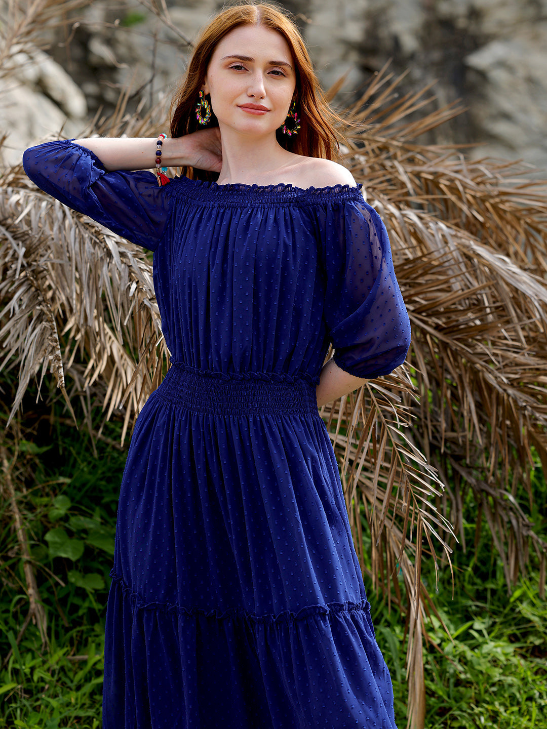 Shop Women's Textured Fit and Flare Offshoulder Tiered Dress Online.