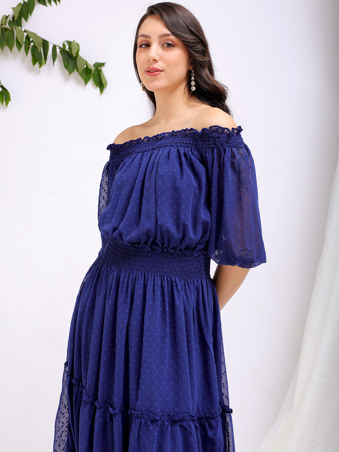 Shop Women's Textured Fit and Flare Offshoulder Tiered Dress Online.