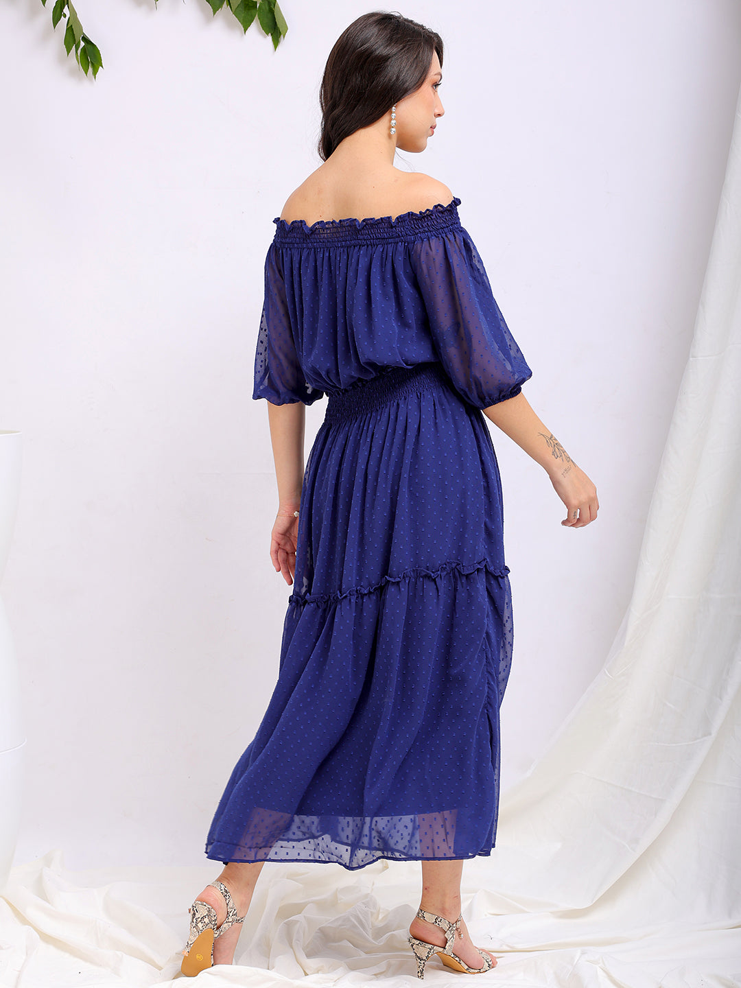 Shop Women's Textured Fit and Flare Offshoulder Tiered Dress Online.