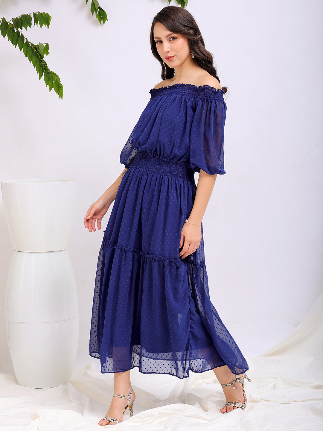 Shop Women's Textured Fit and Flare Offshoulder Tiered Dress Online.