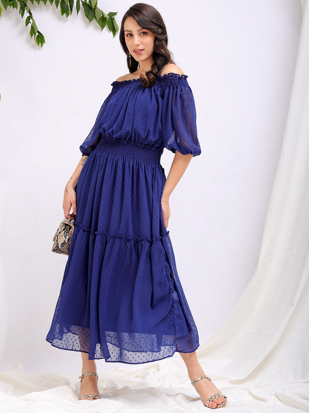 Shop Women's Textured Fit and Flare Offshoulder Tiered Dress Online.