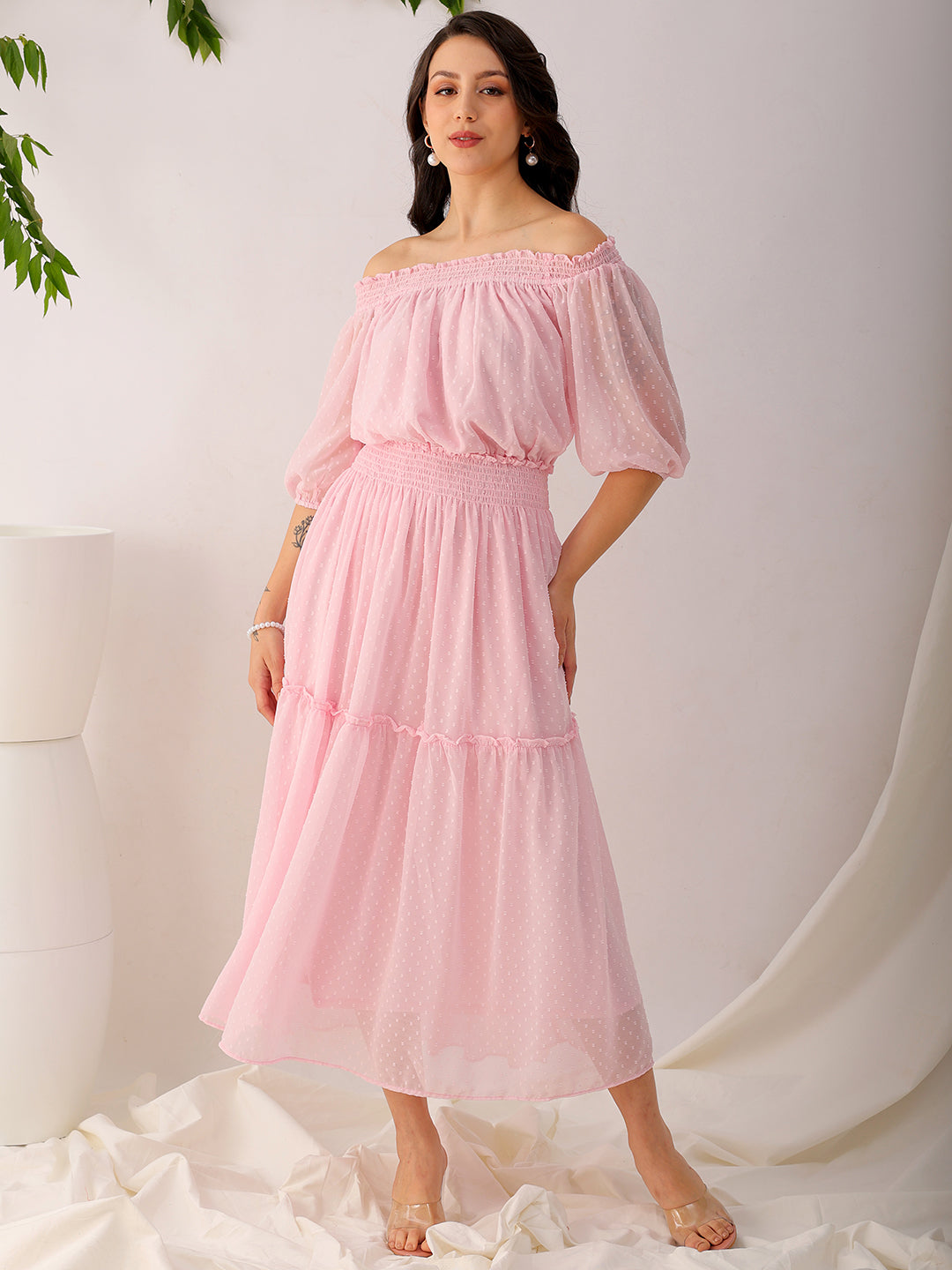 Shop Women's Pink Fit and Flare Textured Off Shoulder Tiered Dress Online.