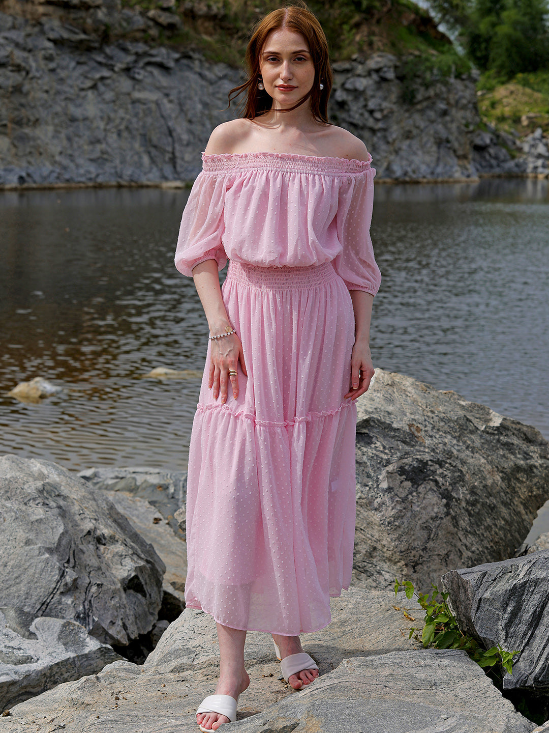 Shop Women's Pink Fit and Flare Textured Off Shoulder Tiered Dress Online.