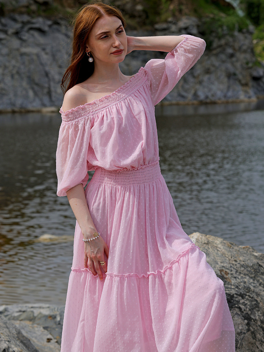 Shop Women's Pink Fit and Flare Textured Off Shoulder Tiered Dress Online.