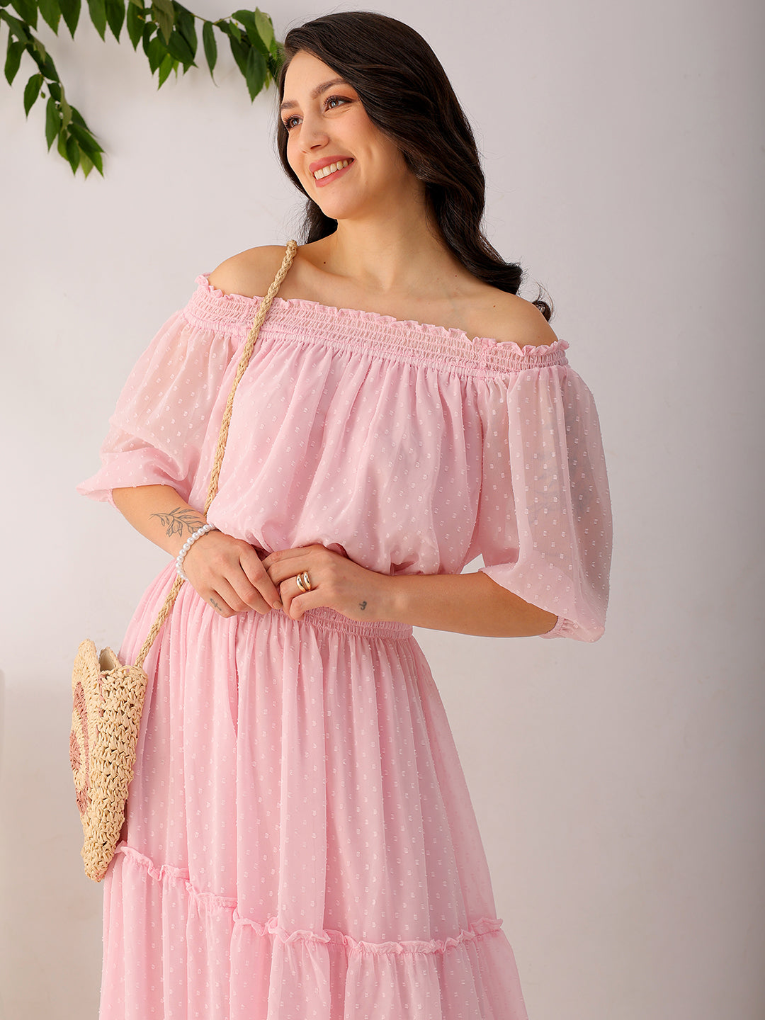 Shop Women's Pink Fit and Flare Textured Off Shoulder Tiered Dress Online.