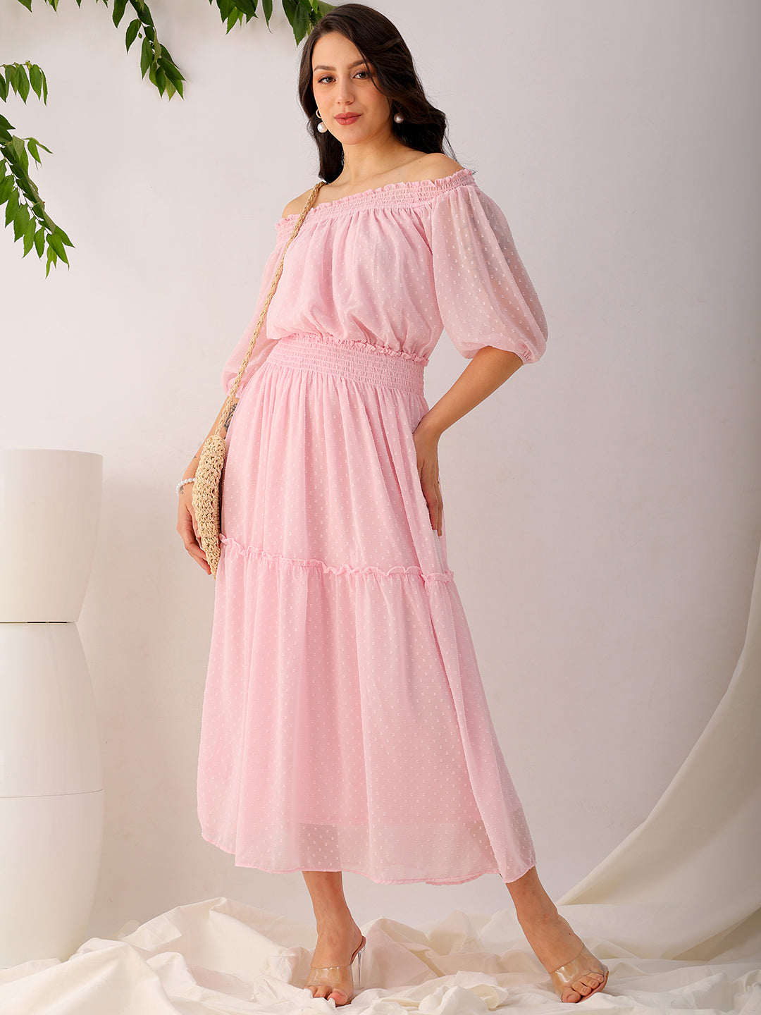 Shop Women's Pink Fit and Flare Textured Off Shoulder Tiered Dress Online.