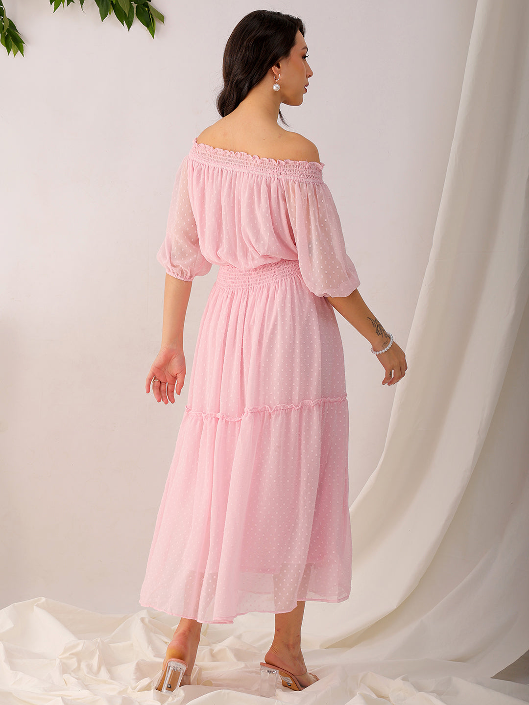 Shop Women's Pink Fit and Flare Textured Off Shoulder Tiered Dress Online.