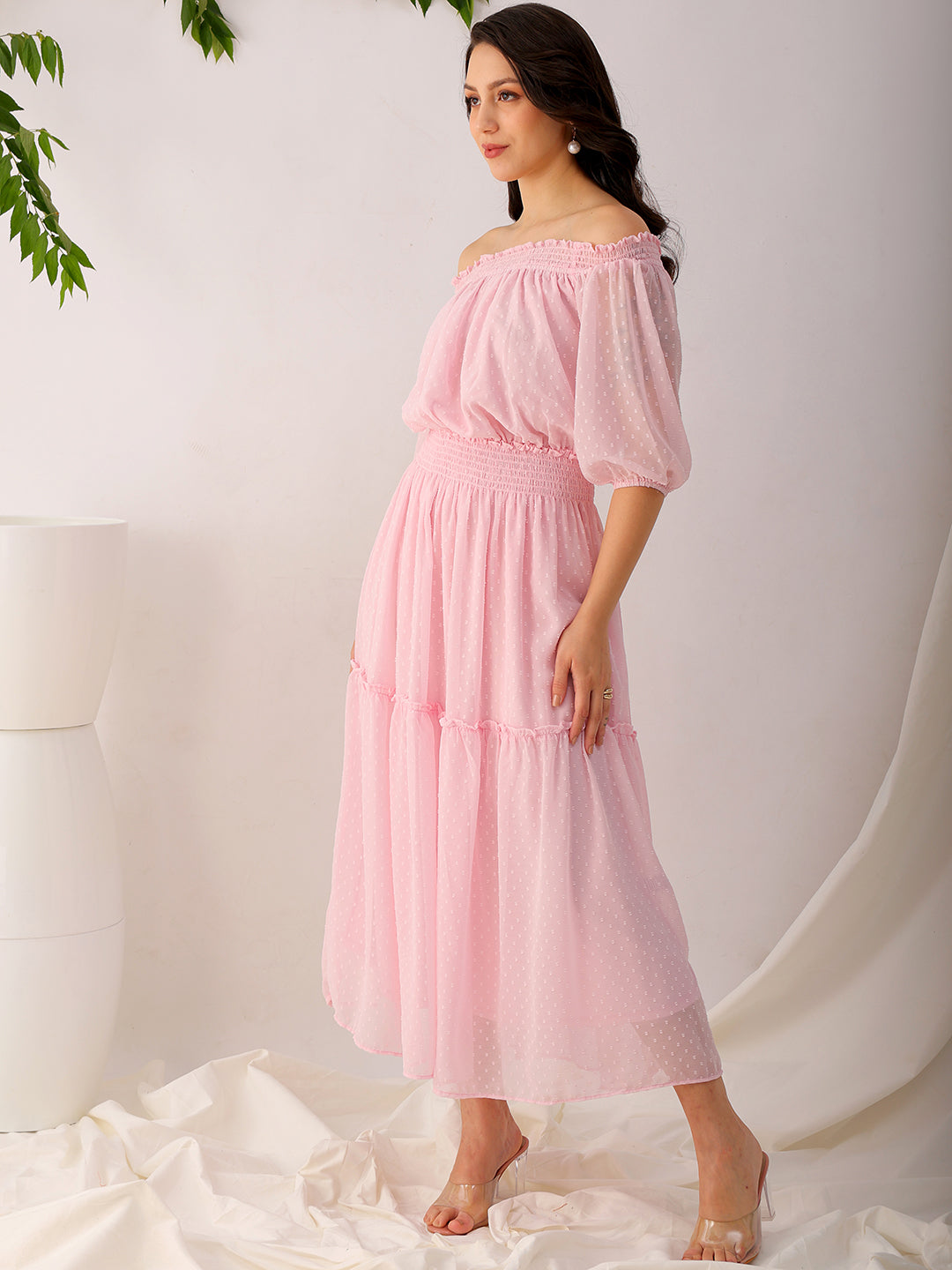 Shop Women's Pink Fit and Flare Textured Off Shoulder Tiered Dress Online.