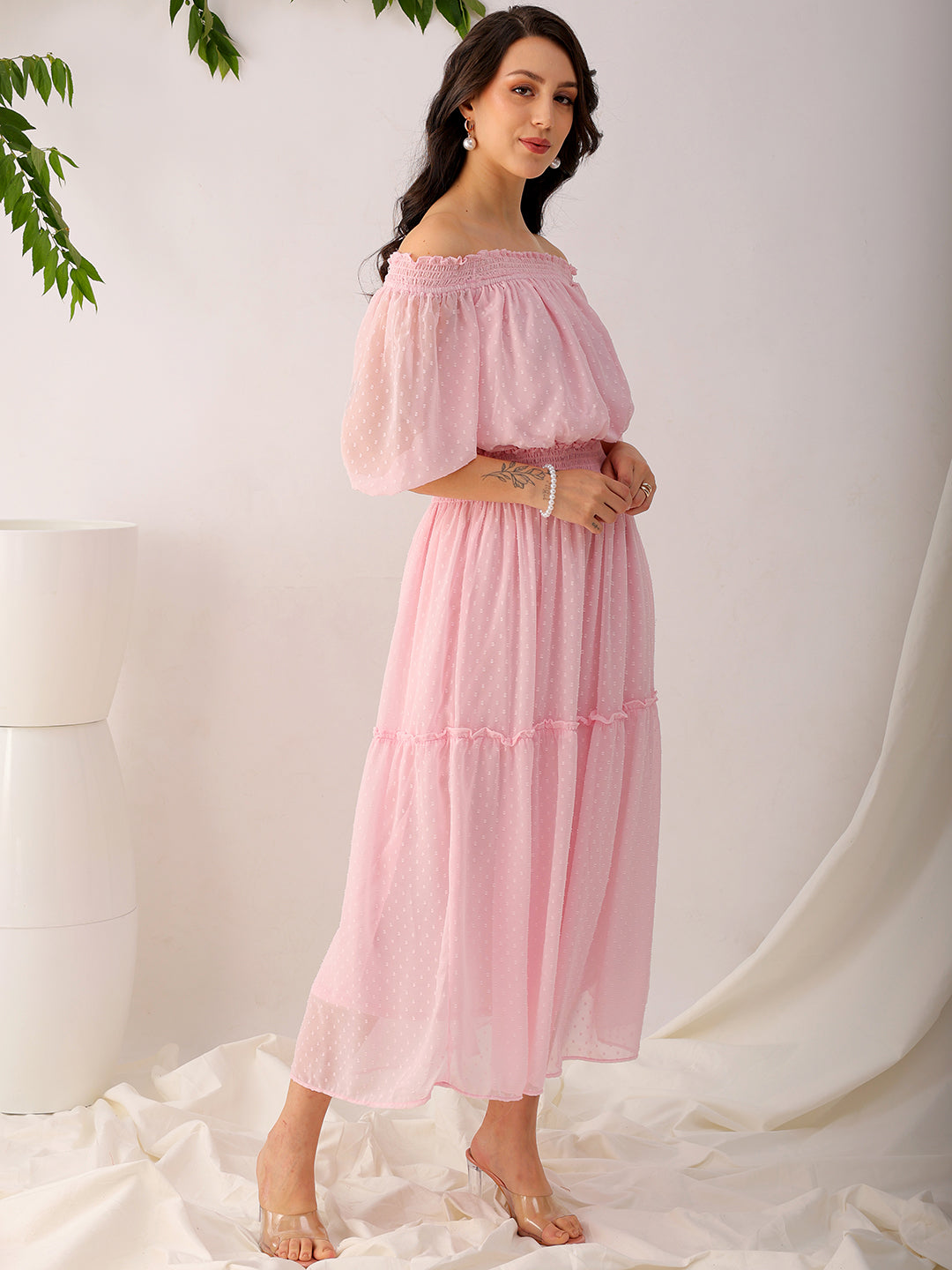 Shop Women's Pink Fit and Flare Textured Off Shoulder Tiered Dress Online.