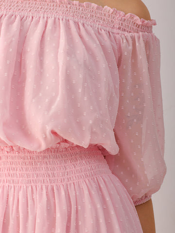 Shop Women's Pink Fit and Flare Textured Off Shoulder Tiered Dress Online.