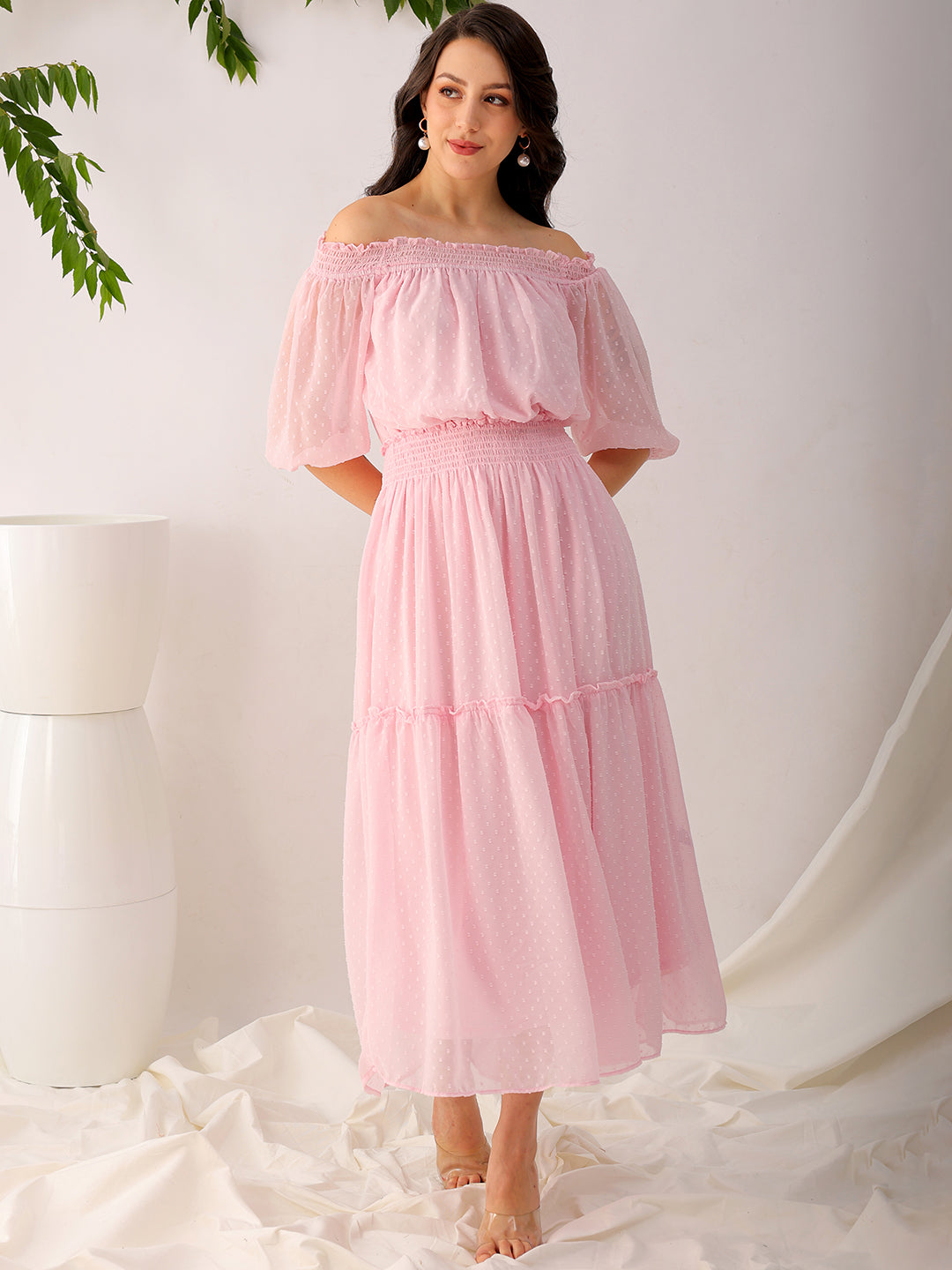 Shop Women's Pink Fit and Flare Textured Off Shoulder Tiered Dress Online.