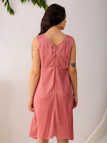Shop Women's Pink Fit and Flare Solid V neck Pinafore Dress Online.
