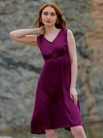 Shop Women's Purple Fit and Flare Solid V neck Pinafore Dress Online.