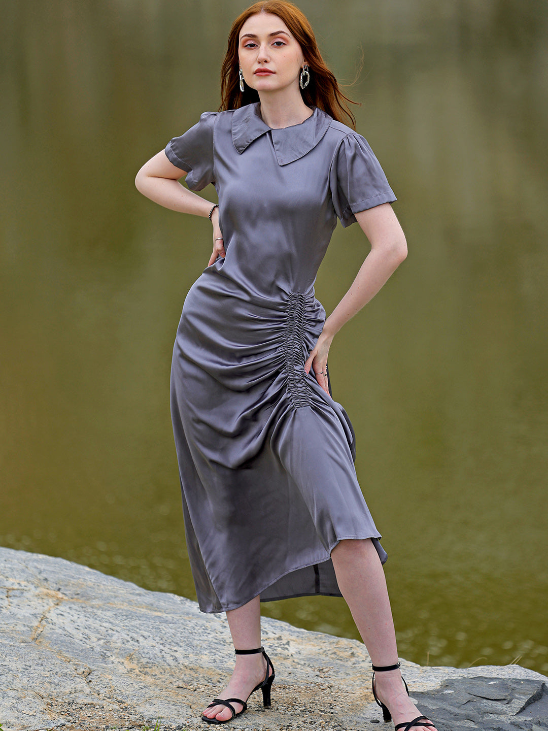 Shop Women's Grey Straight Solid Round Neck Asymmetric Dress Online.