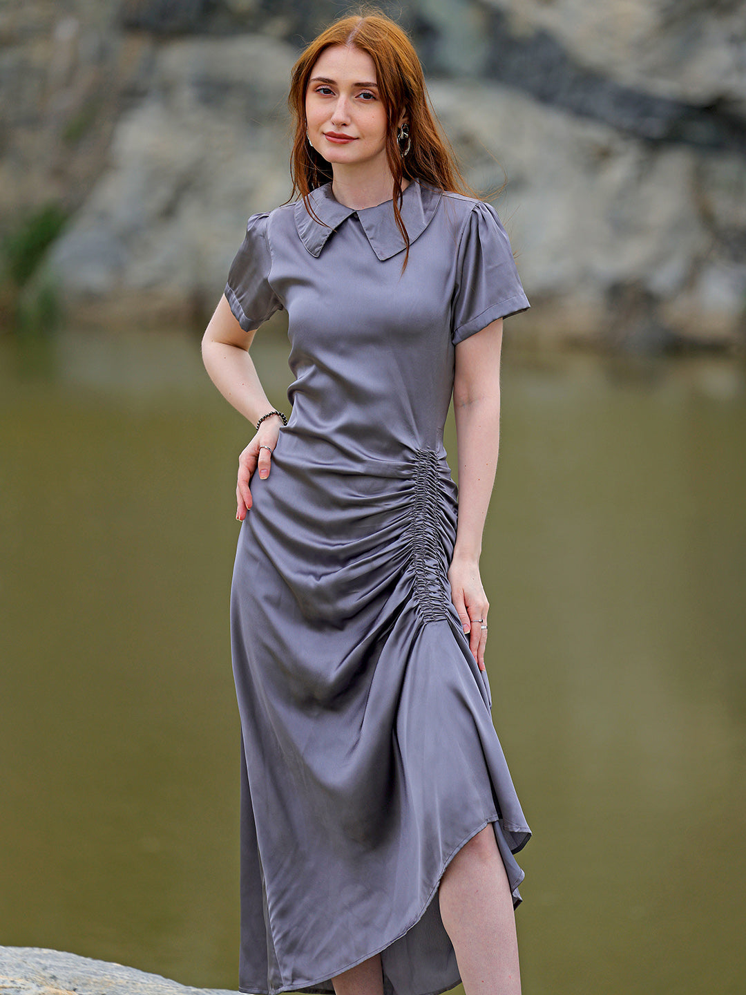 Shop Women's Grey Straight Solid Round Neck Asymmetric Dress Online.