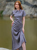 Shop Women's Grey Straight Solid Round Neck Asymmetric Dress Online.