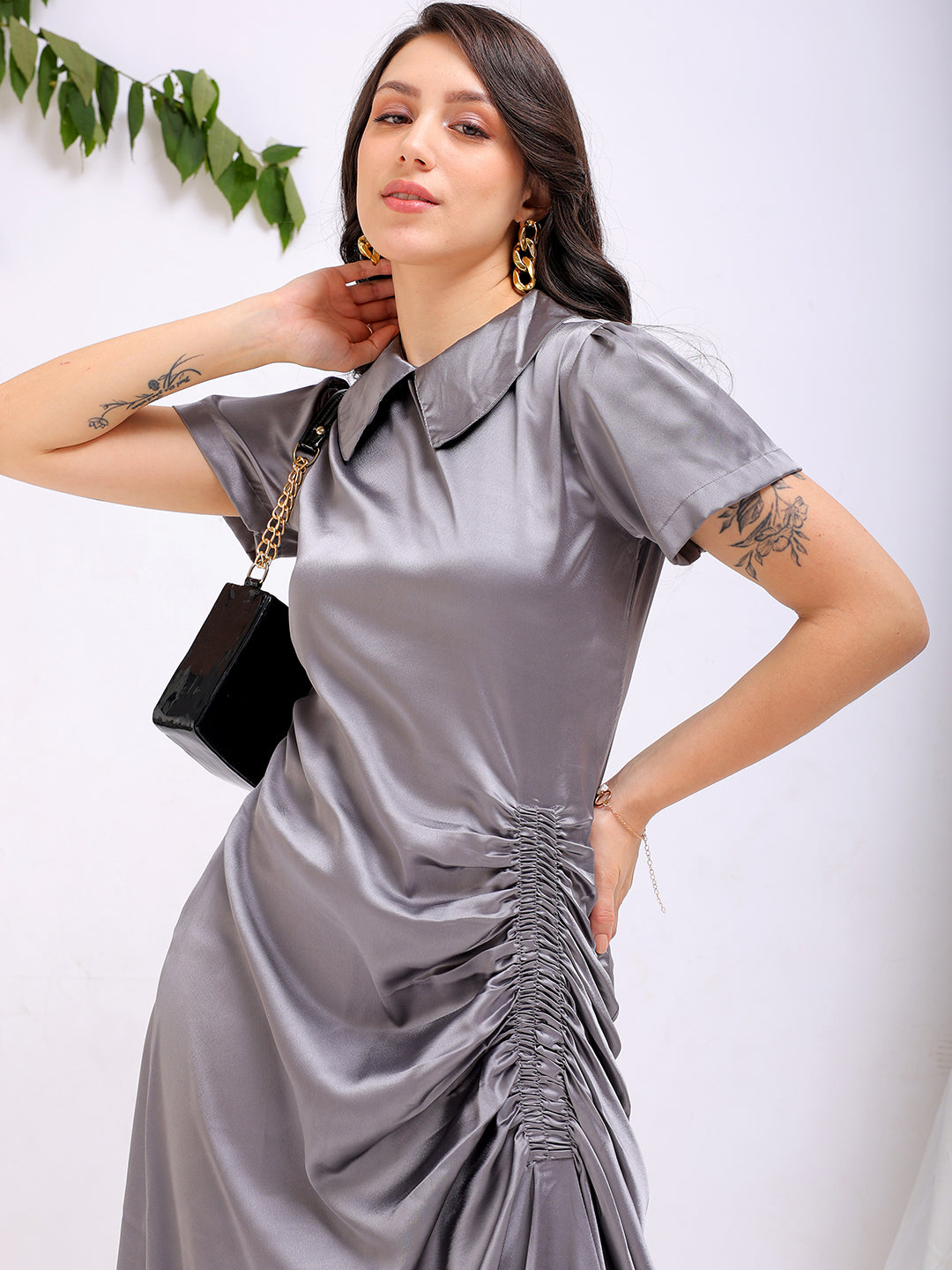 Shop Women's Grey Straight Solid Round Neck Asymmetric Dress Online.