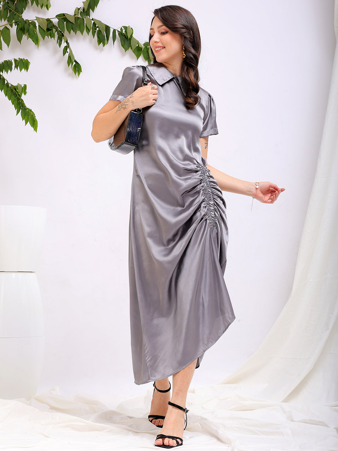 Shop Women's Grey Straight Solid Round Neck Asymmetric Dress Online.