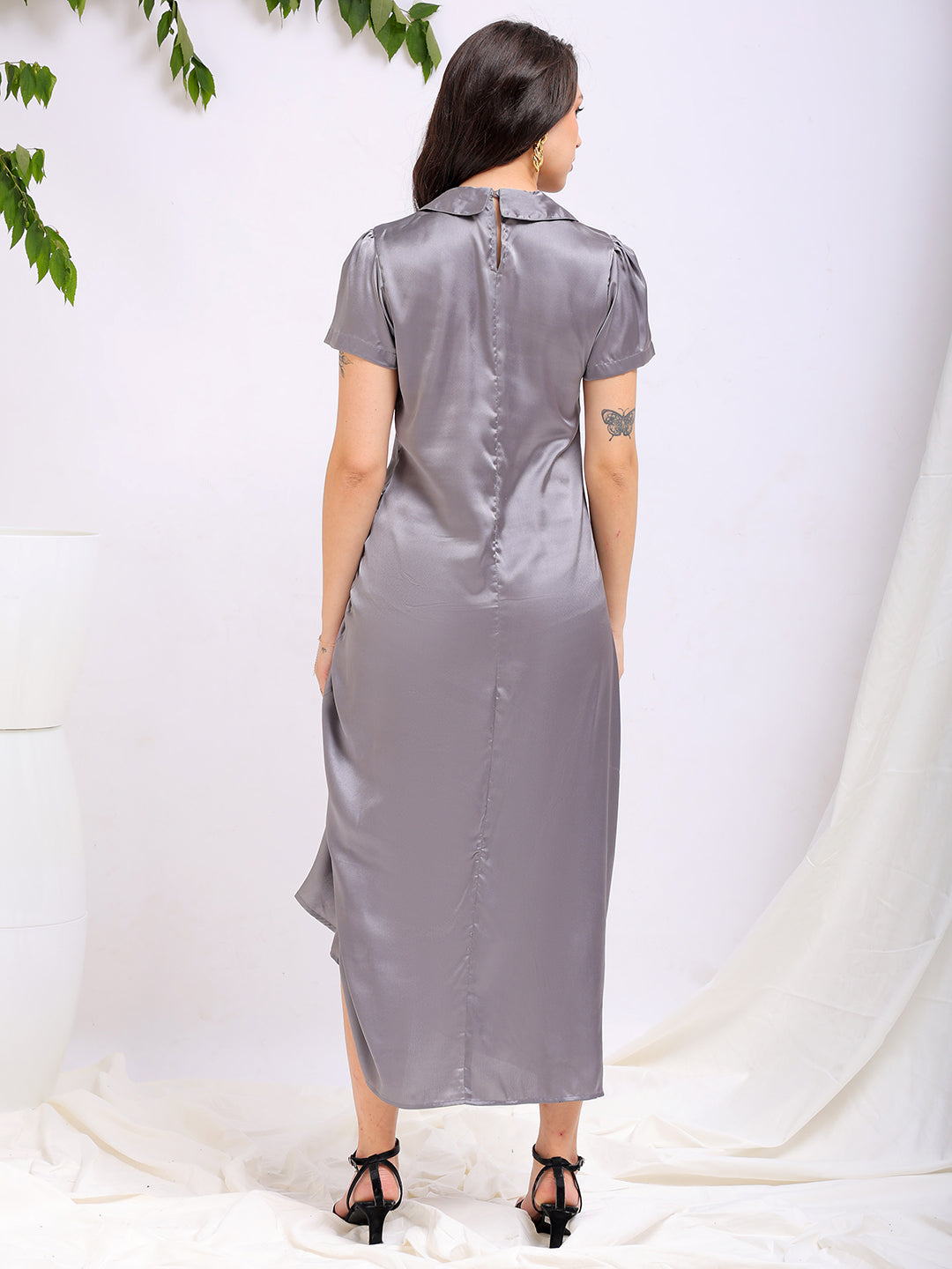 Shop Women's Grey Straight Solid Round Neck Asymmetric Dress Online.