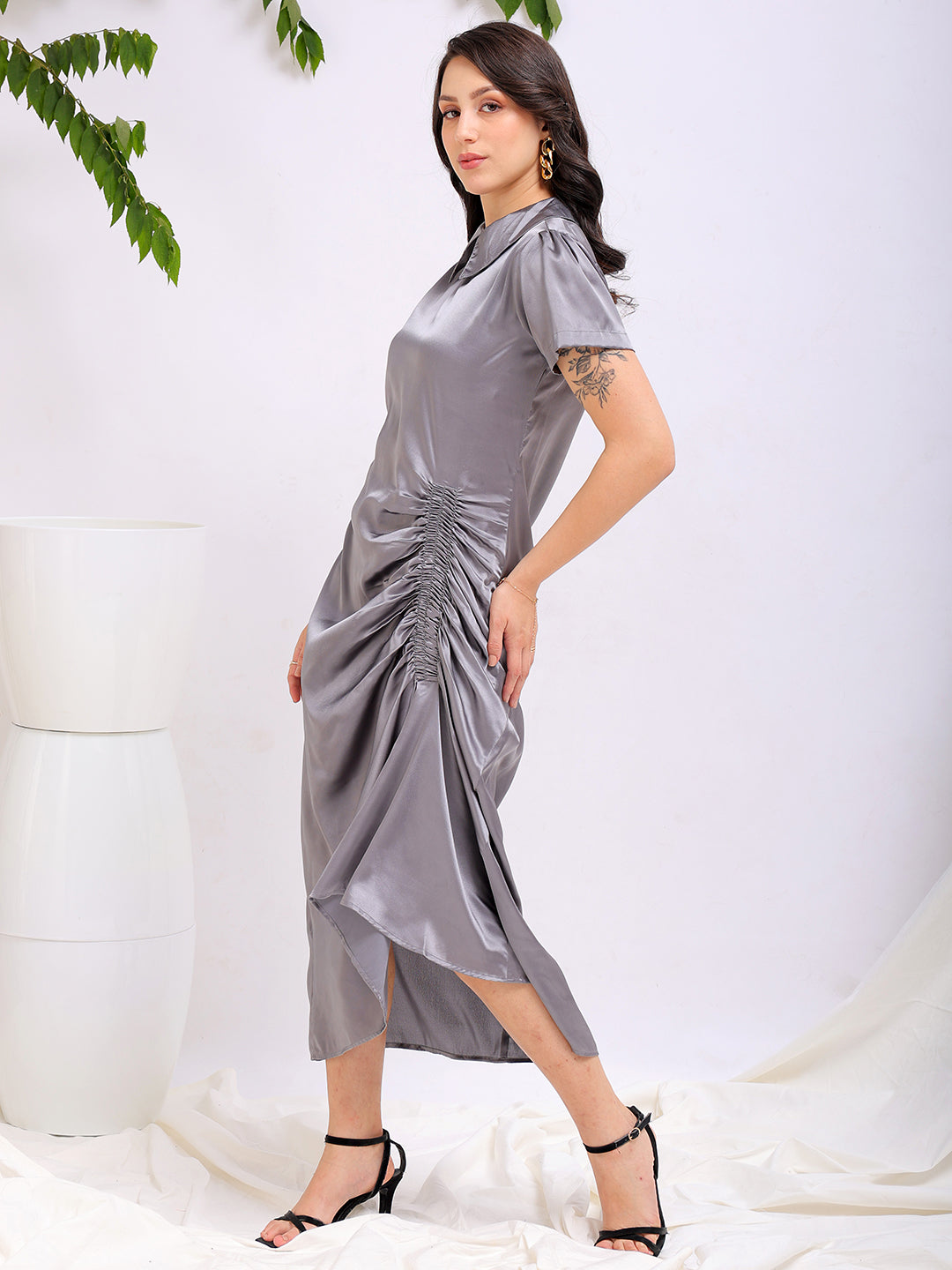 Shop Women's Grey Straight Solid Round Neck Asymmetric Dress Online.