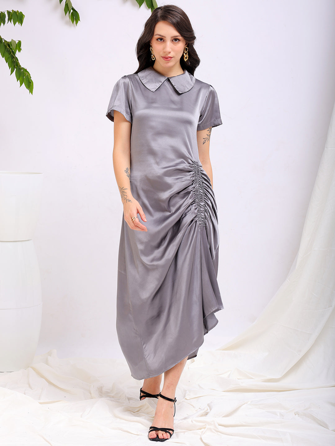 Shop Women's Grey Straight Solid Round Neck Asymmetric Dress Online.