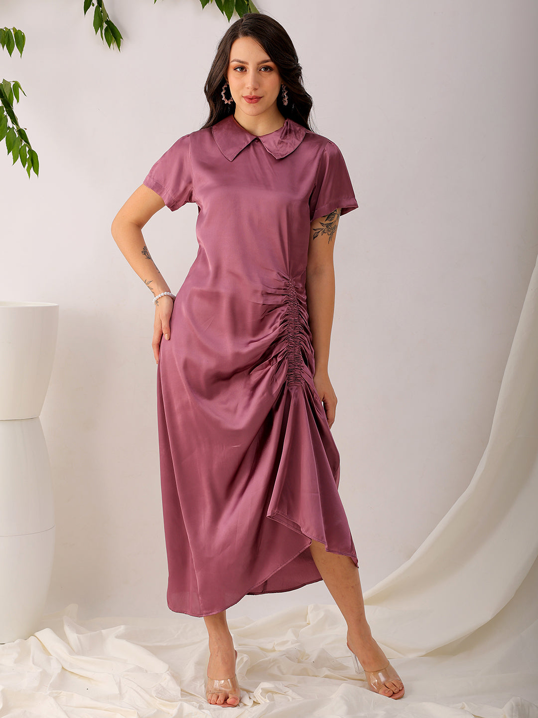 Shop Women's Purple Straight Solid Round Neck Asymmetric Dress Online.