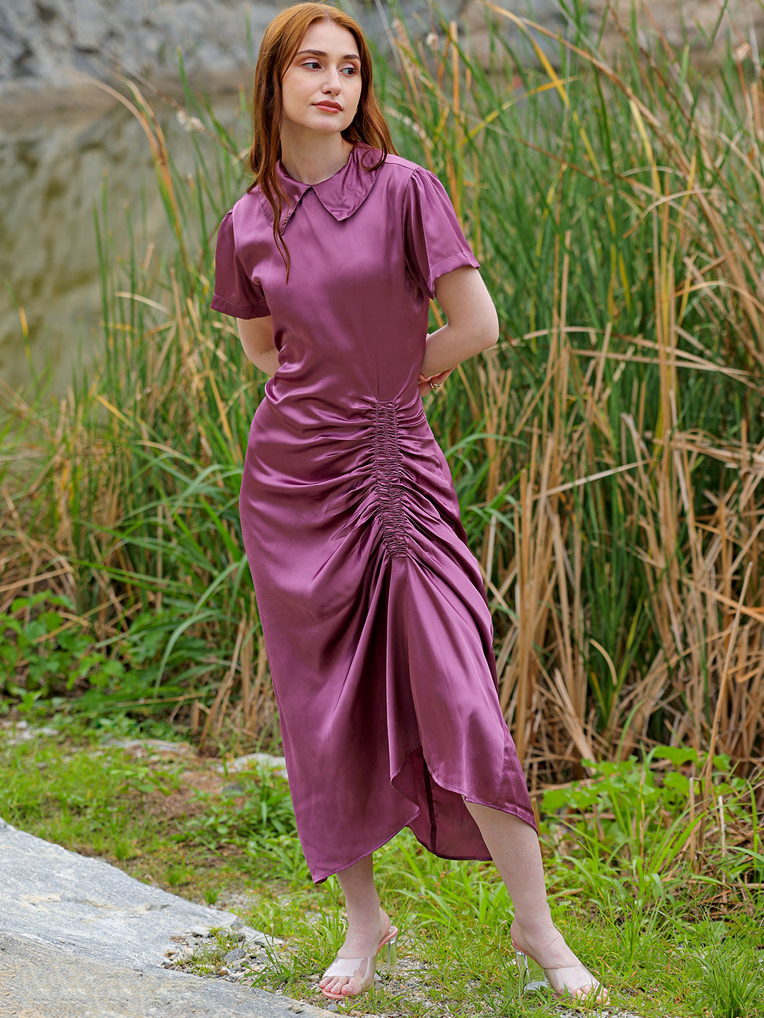 Shop Women's Purple Straight Solid Round Neck Asymmetric Dress Online.