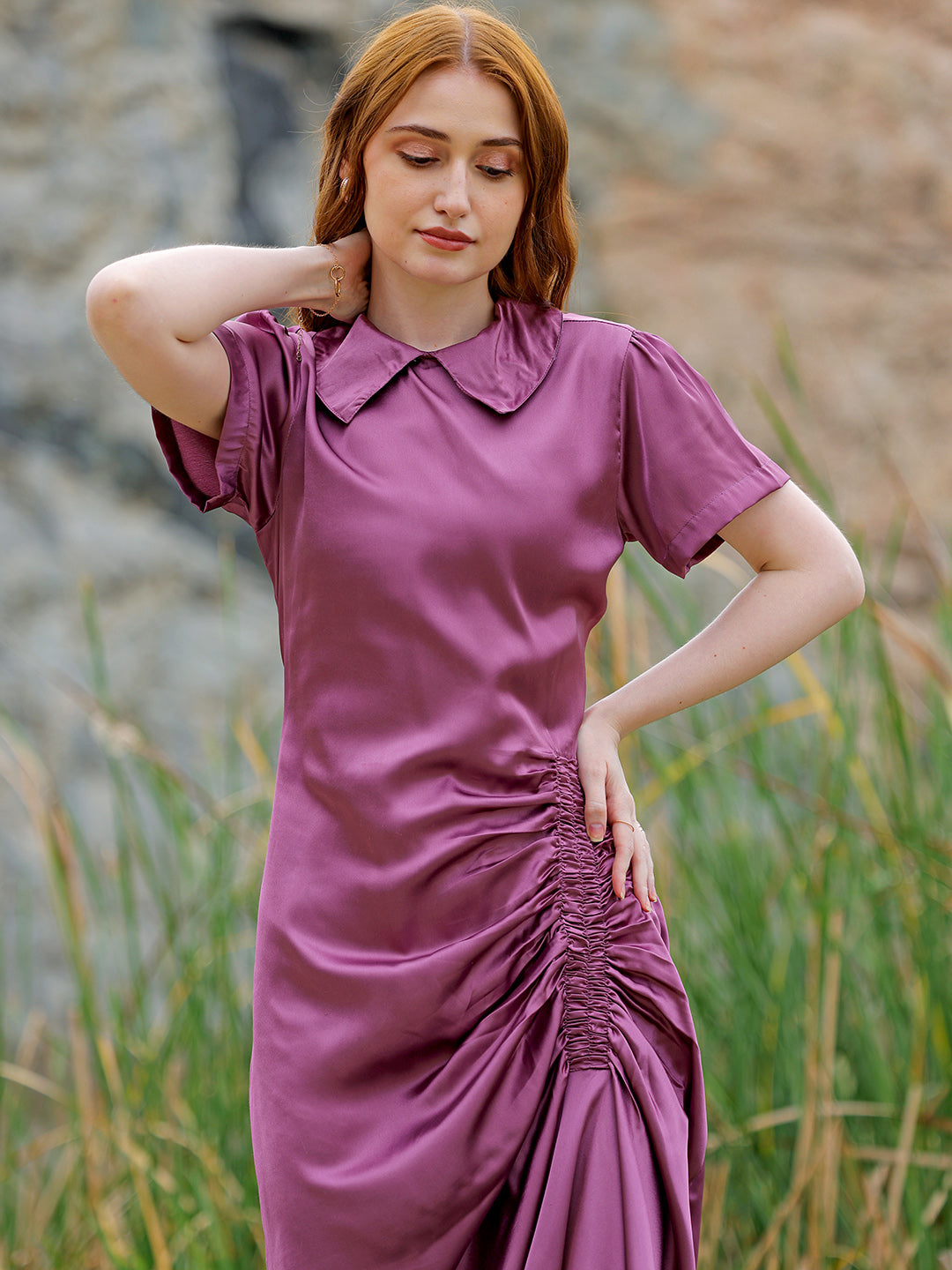 Shop Women's Purple Straight Solid Round Neck Asymmetric Dress Online.