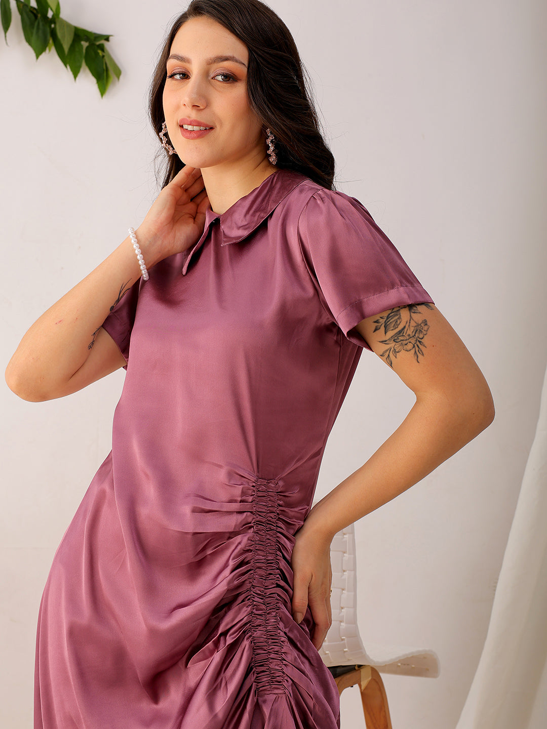 Shop Women's Purple Straight Solid Round Neck Asymmetric Dress Online.