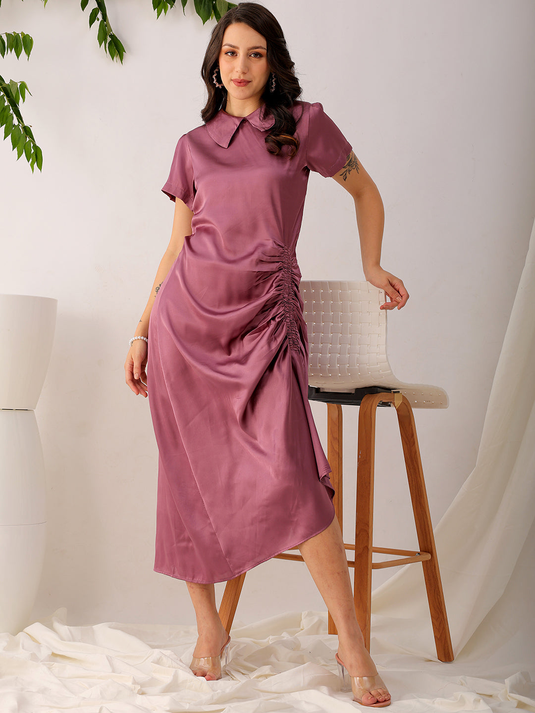 Shop Women's Purple Straight Solid Round Neck Asymmetric Dress Online.