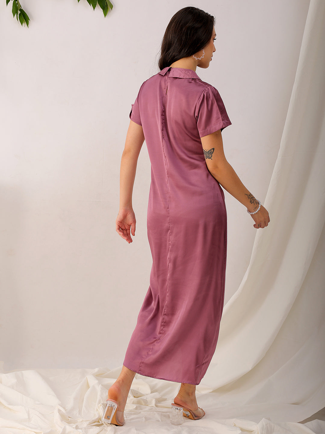 Shop Women's Purple Straight Solid Round Neck Asymmetric Dress Online.