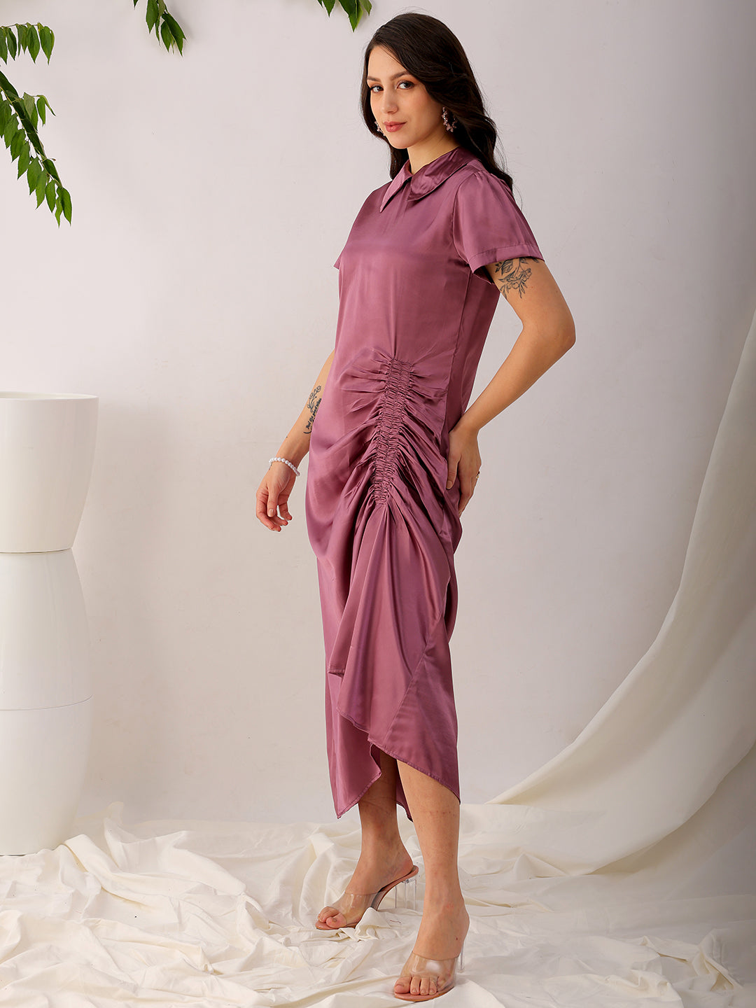 Shop Women's Purple Straight Solid Round Neck Asymmetric Dress Online.