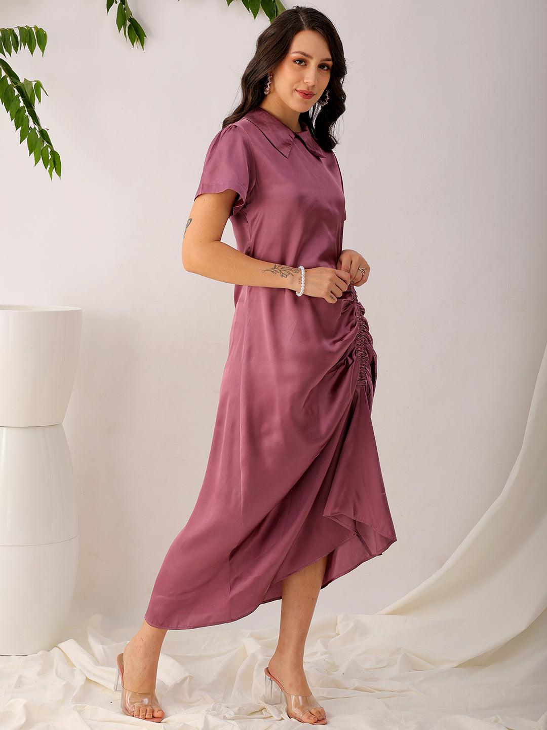 Shop Women's Purple Straight Solid Round Neck Asymmetric Dress Online.