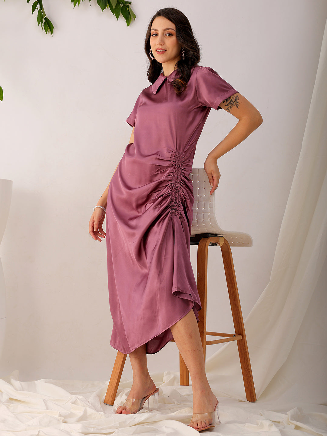 Shop Women's Purple Straight Solid Round Neck Asymmetric Dress Online.