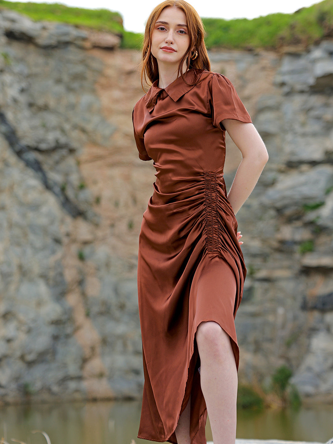 Shop Women's Brown Straight Solid Round Neck Asymmetric Dress Online.