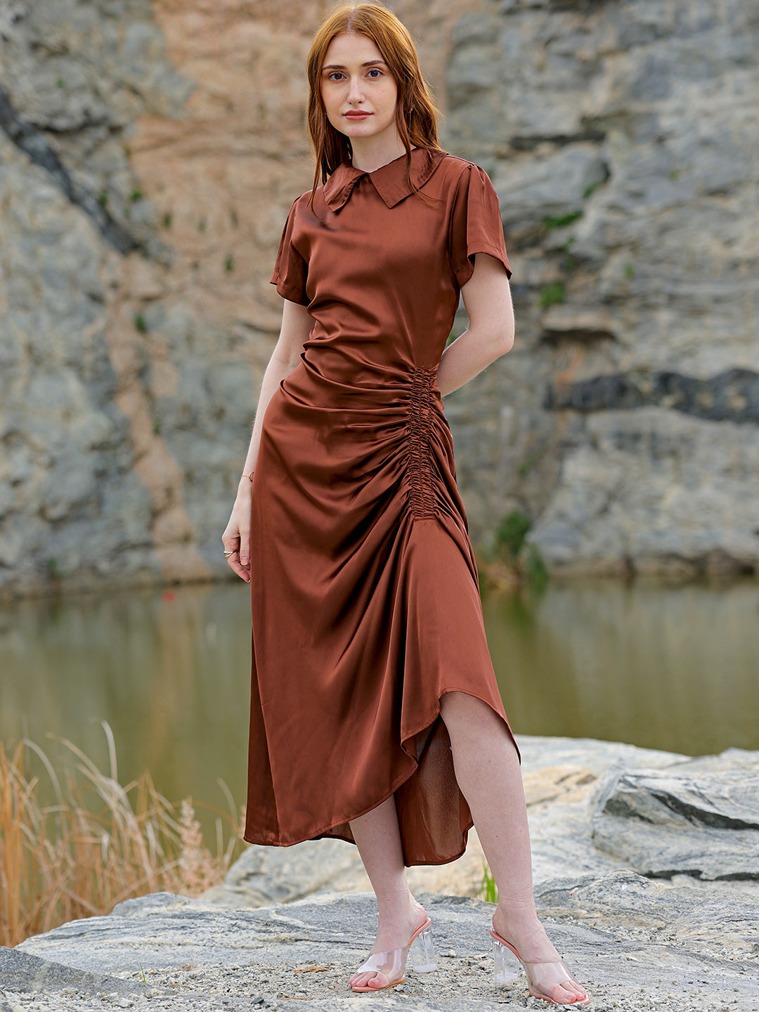 Shop Women's Brown Straight Solid Round Neck Asymmetric Dress Online.