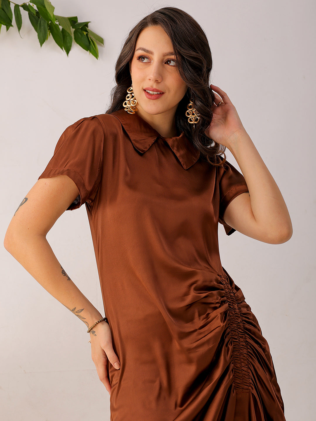 Shop Women's Brown Straight Solid Round Neck Asymmetric Dress Online.