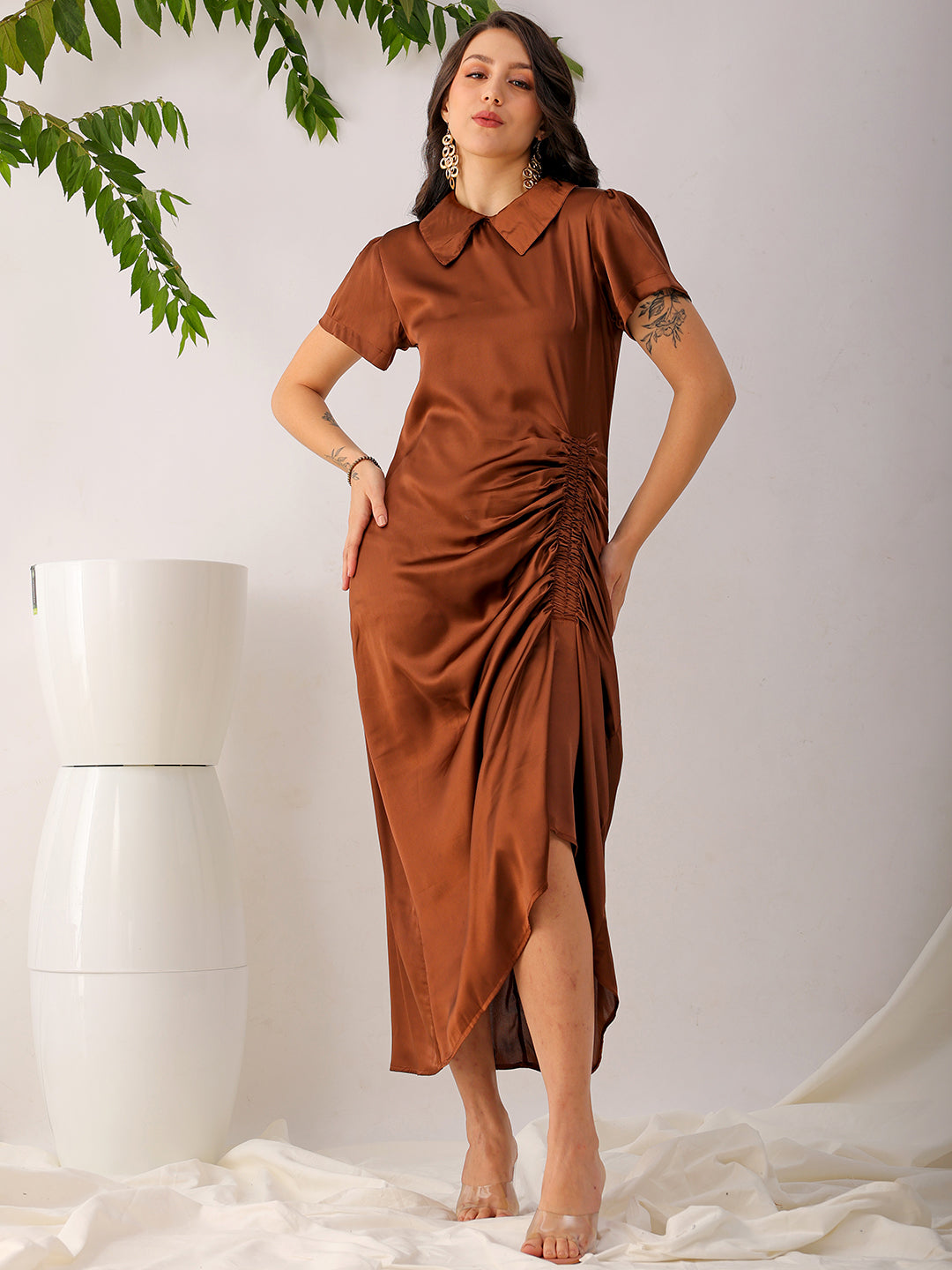 Shop Women's Brown Straight Solid Round Neck Asymmetric Dress Online.