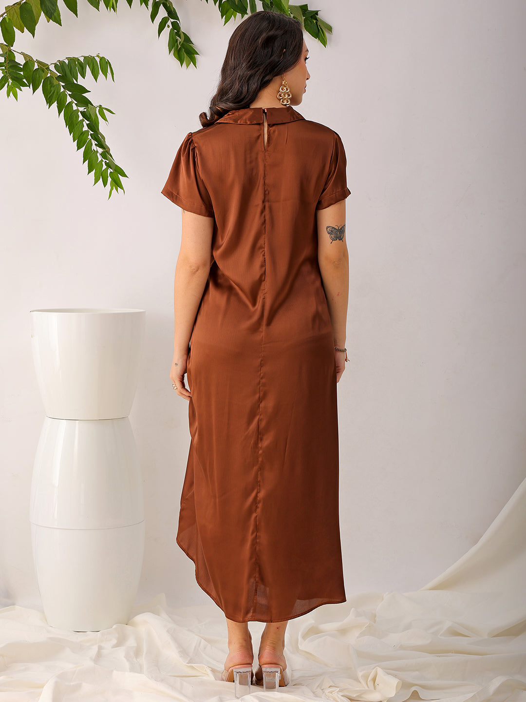 Shop Women's Brown Straight Solid Round Neck Asymmetric Dress Online.